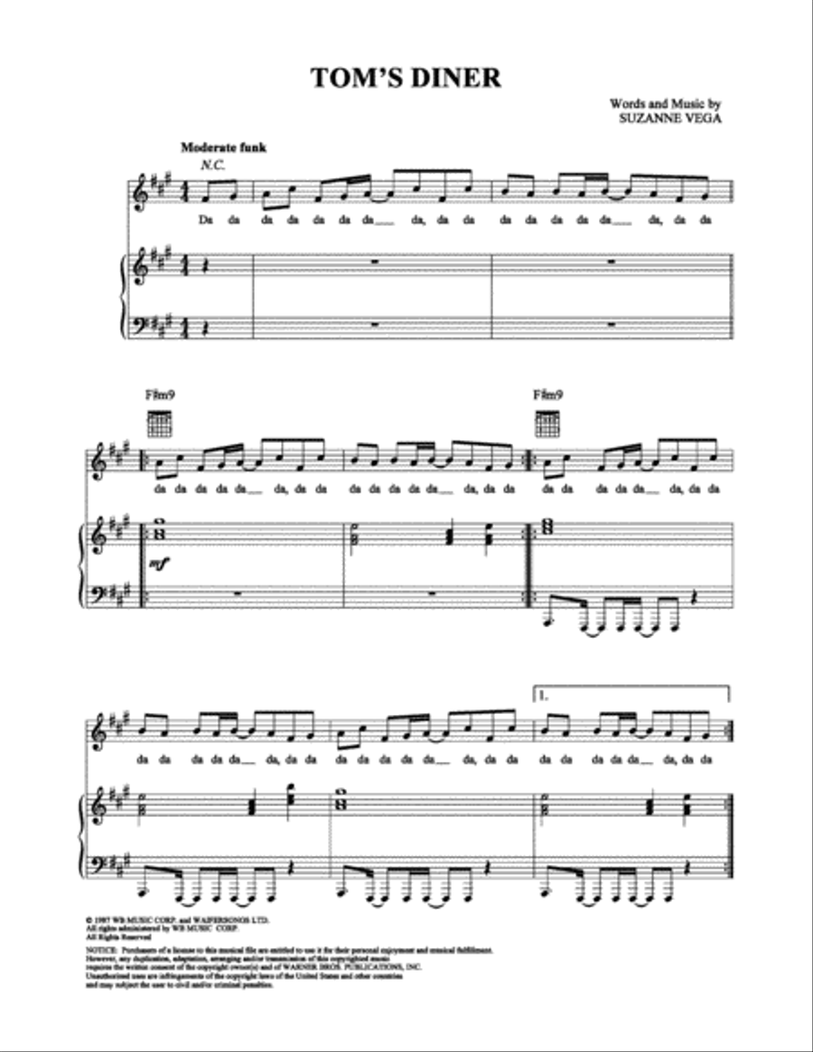 Tom's Diner Piano, Vocal, Guitar scores gallery preview page 1