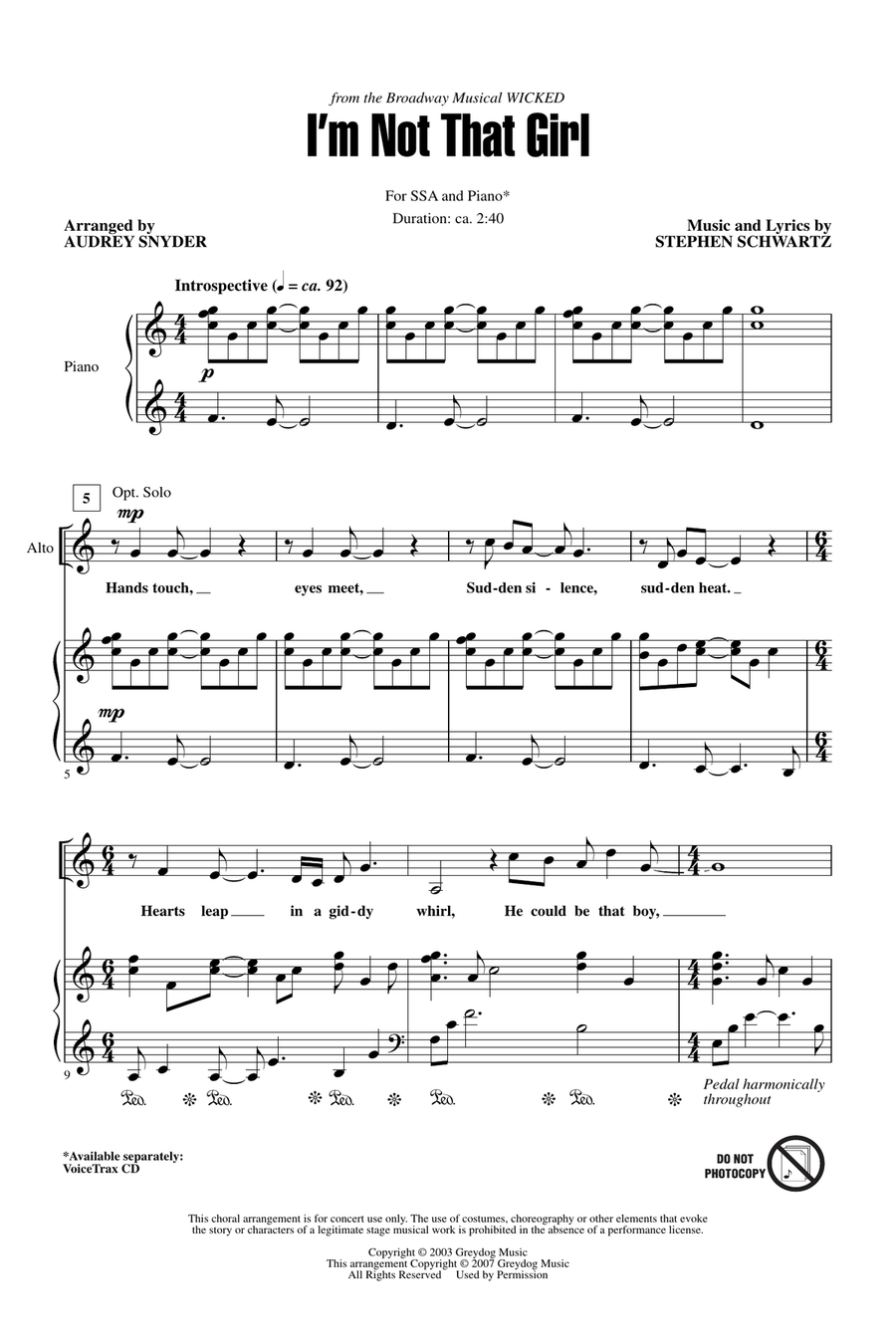 I'm Not That Girl (from Wicked) SSA scores gallery preview page 1