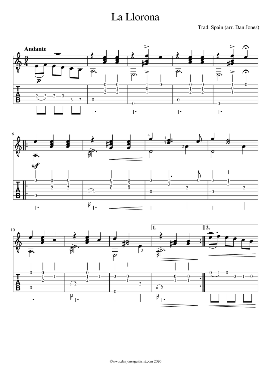 La Llorona for Beginner/Intermediate Guitar Acoustic Guitar scores gallery preview page 1