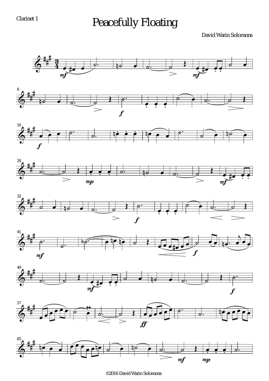 Peacefully Floating for 2 clarinets and piano (and optional guitar chords) Clarinet Duet scores gallery preview page 5