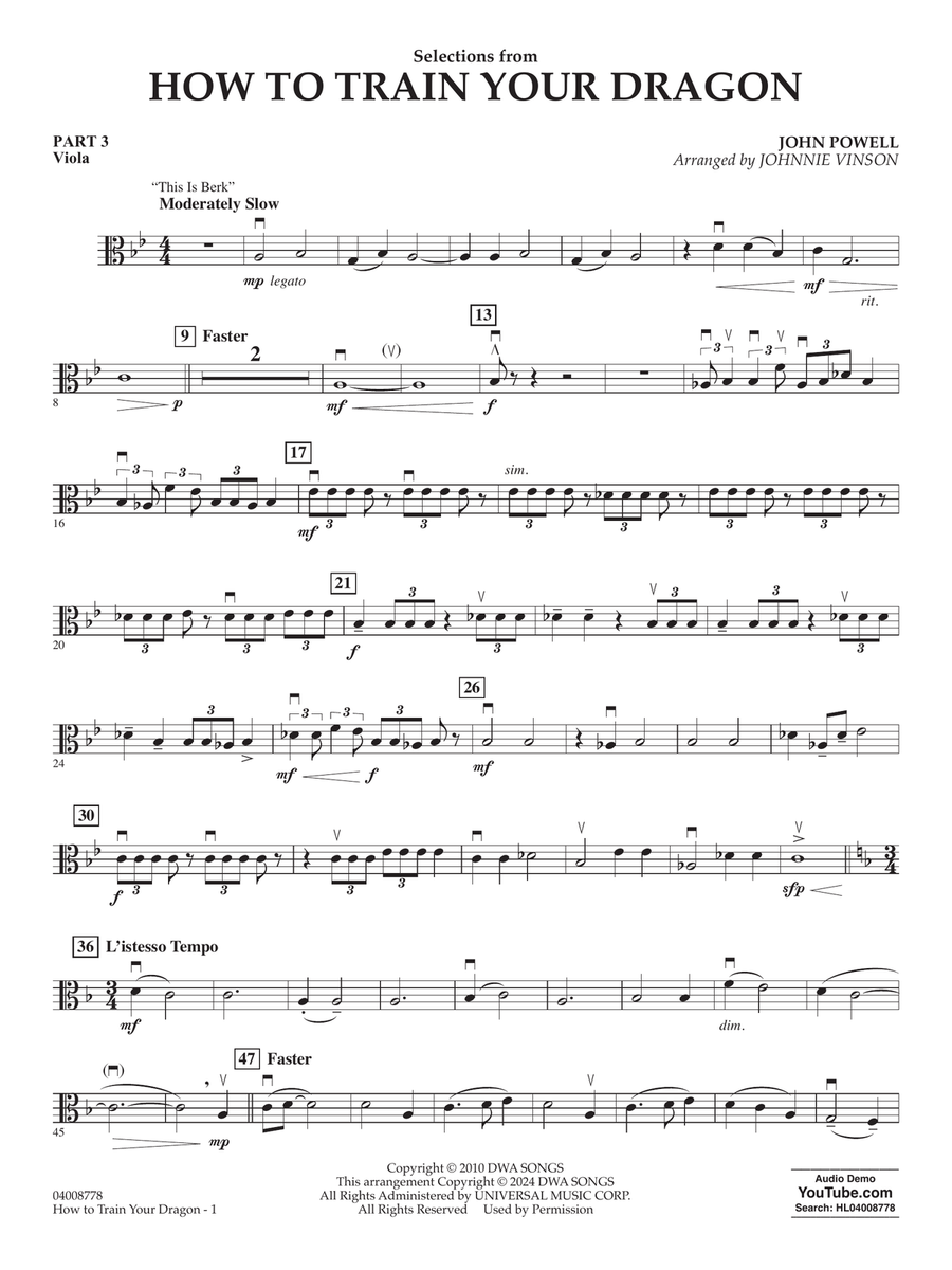 Selections from How To Train Your Dragon (arr. Johnnie Vinson) - Pt.3 - Viola Concert Band scores gallery preview page 1