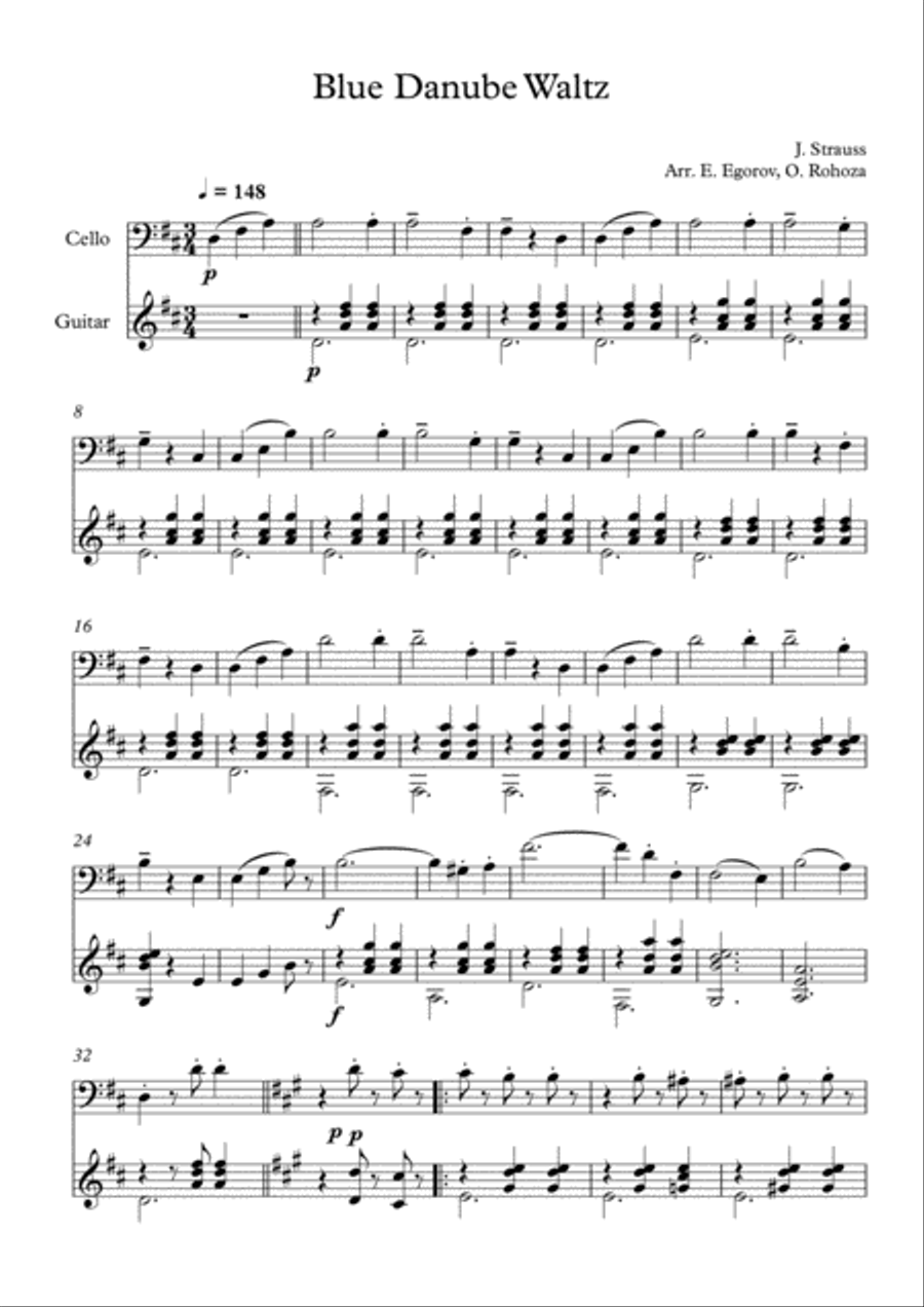 Blue Danube Waltz, Johann Strauss Jr., For Cello & Guitar String Duet scores gallery preview page 1