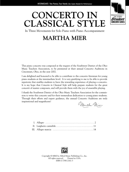 Concerto in Classical Style: In Three Movements for Solo Piano with Piano Accompaniment - Piano Duo (2 Pianos, 4 Hands) by Martha Mier 2 Pianos, 4-Hands - Digital Sheet Music