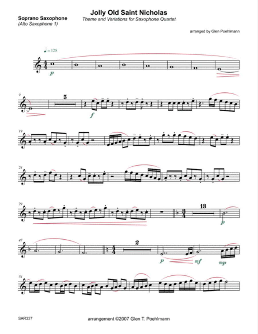 JOLLY OLD SAINT NICHOLAS for unaccompanied SAXOPHONE QUARTET (SATB or AATB) Saxophone Quartet scores gallery preview page 6