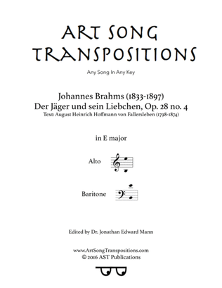 Book cover for BRAHMS: Der Jäger und sein Liebchen, Op. 28 no. 4 (transposed to E major)