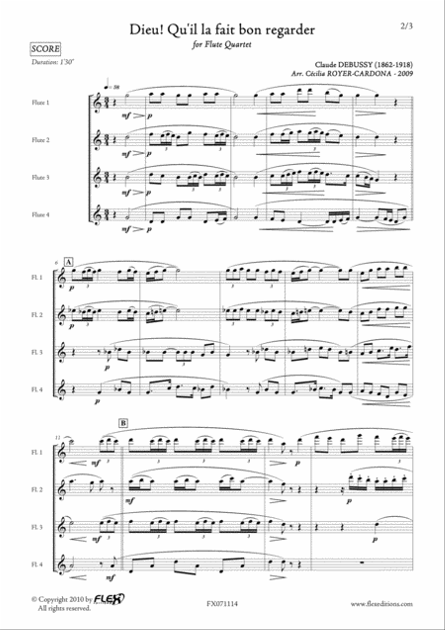 Dieu! Qu'il la fait bon regarder Flute Quartet scores gallery preview page 2