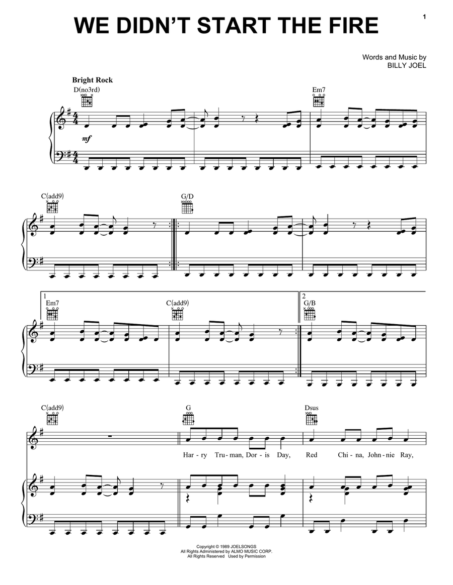 We Didn't Start The Fire Piano, Vocal, Guitar scores gallery preview page 1