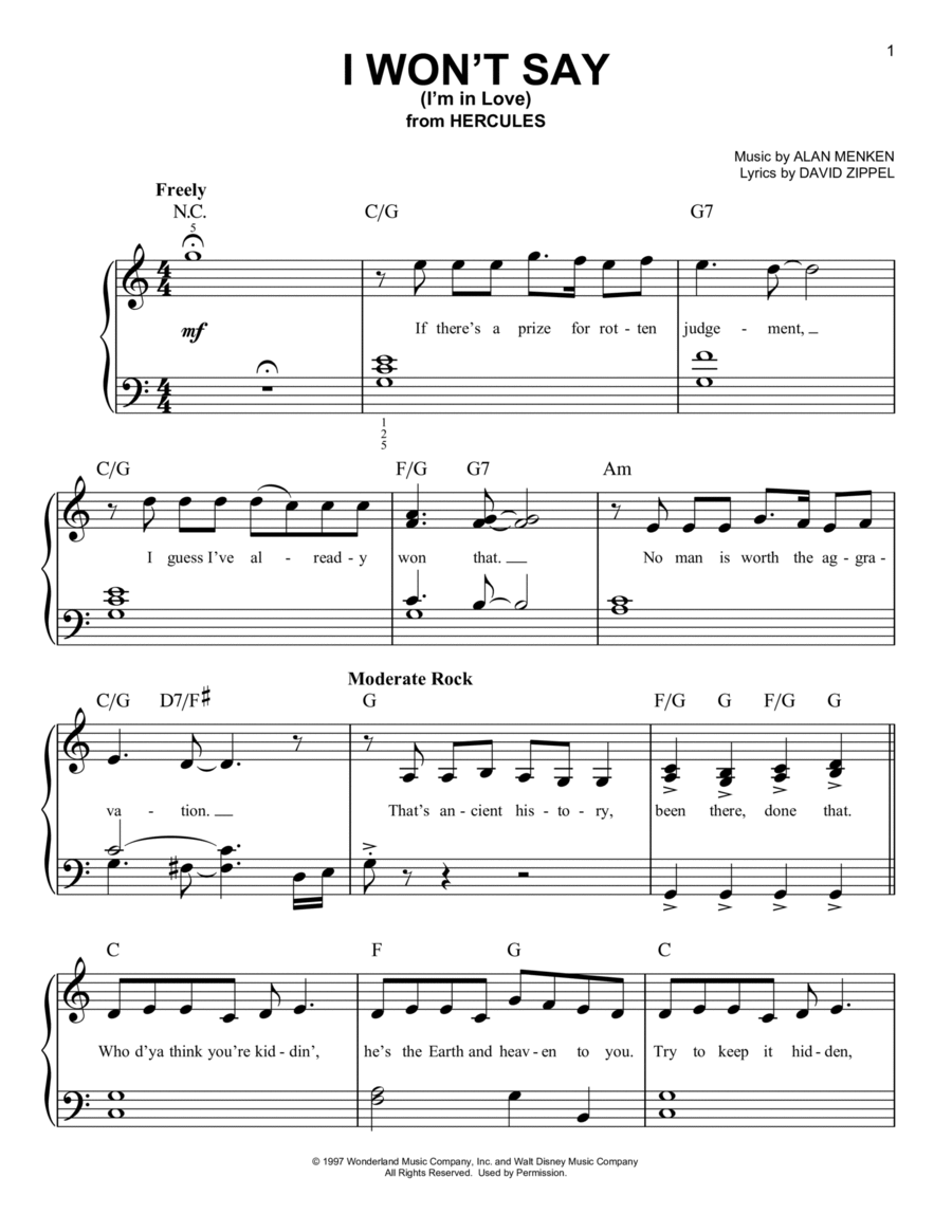 I Won't Say (I'm In Love) (from Hercules) Easy Piano scores gallery preview page 1