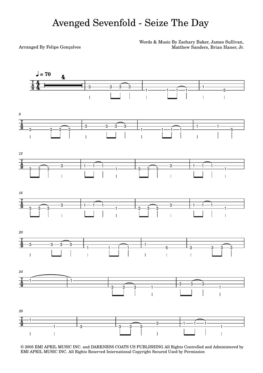 Seize The Day Bass Guitar Tablature scores gallery preview page 1