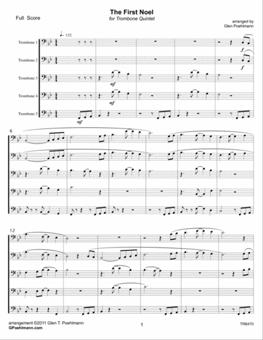 THE FIRST NOEL for TROMBONE QUINTET with optional Percussion Brass Ensemble scores gallery preview page 1