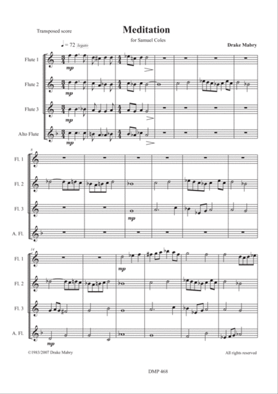Meditation (3 flutes & alto flute) Woodwind Quartet scores gallery preview page 1