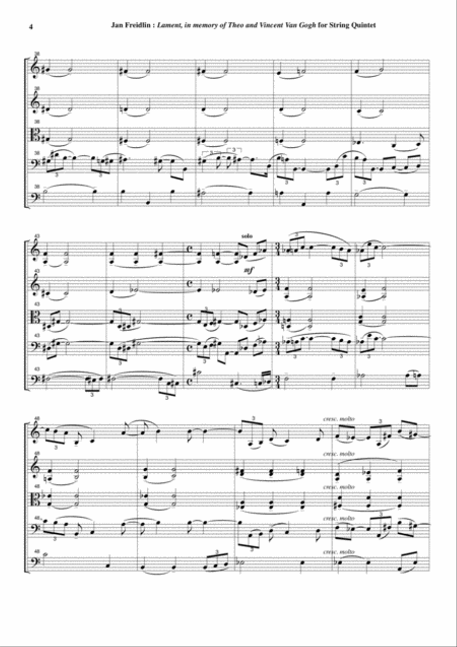 Jan Freidlin: Lament in Memory of Theo and Vincent Van Gogh for string quintet, score and parts String Quartet scores gallery preview page 4
