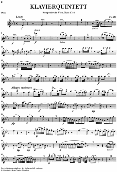 Quintet for Piano, Oboe, Clarinet, Horn and Bassoon E flat major KV 452
