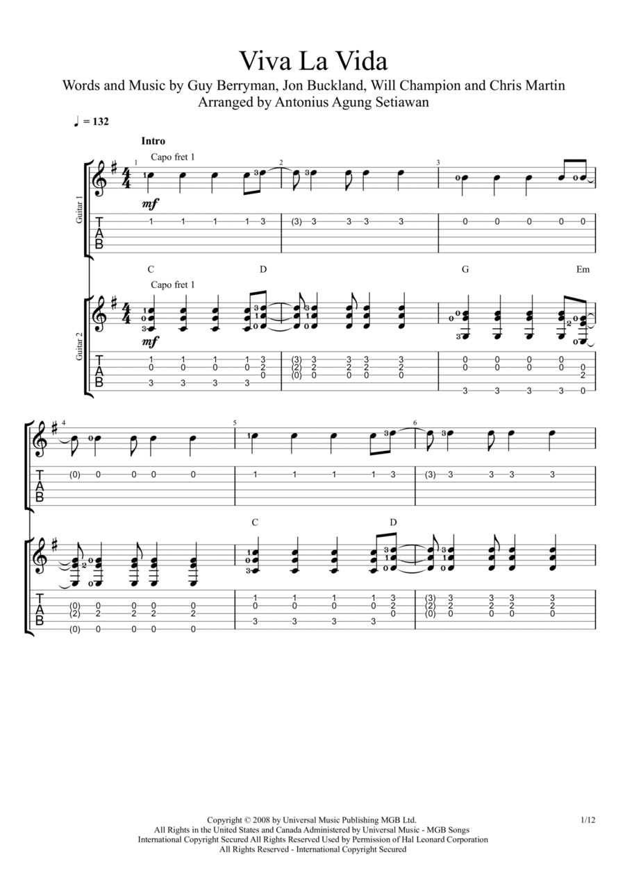 Viva La Vida Guitar scores gallery preview page 1