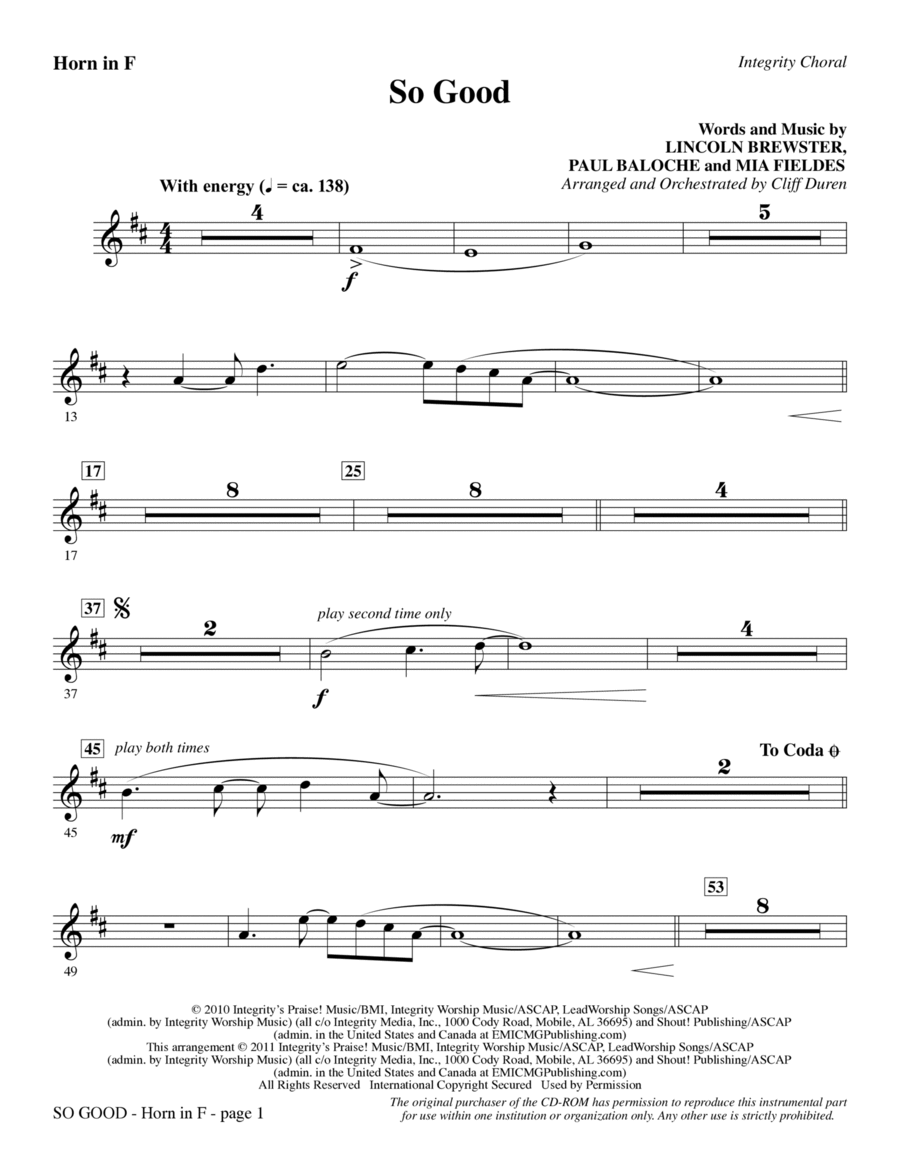 So Good - F Horn Choir scores gallery preview page 1