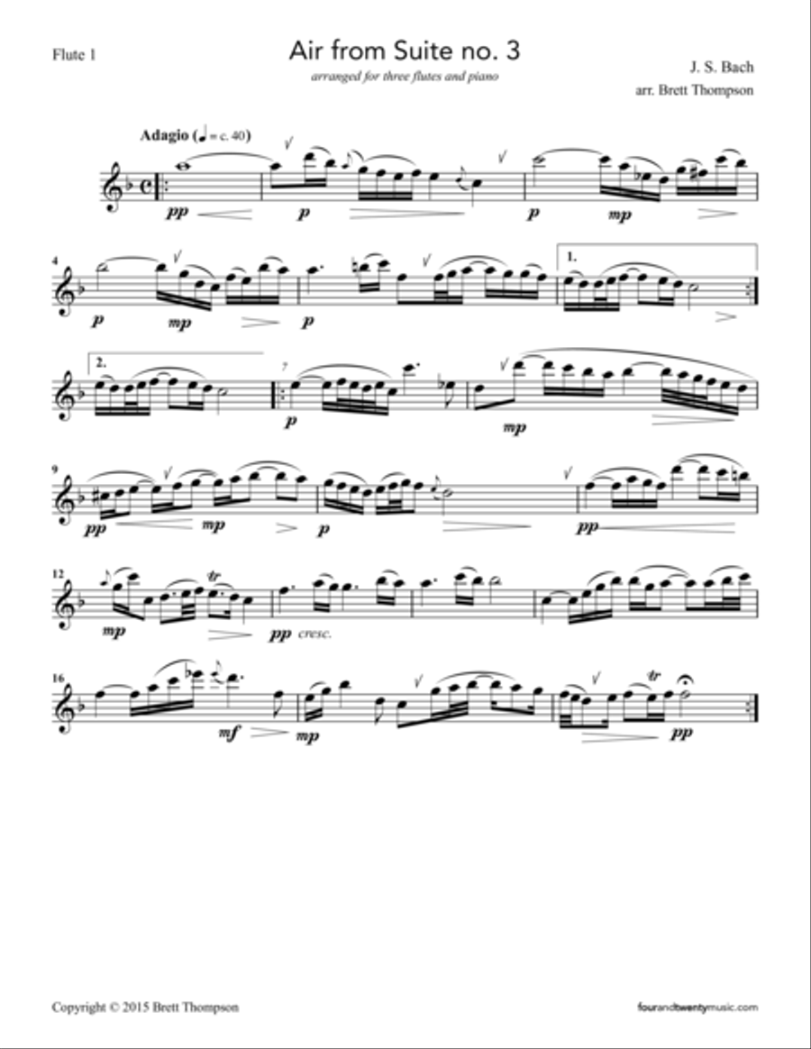 Air from Suite no 3, arranged for three flutes and piano Flute Solo scores gallery preview page 4