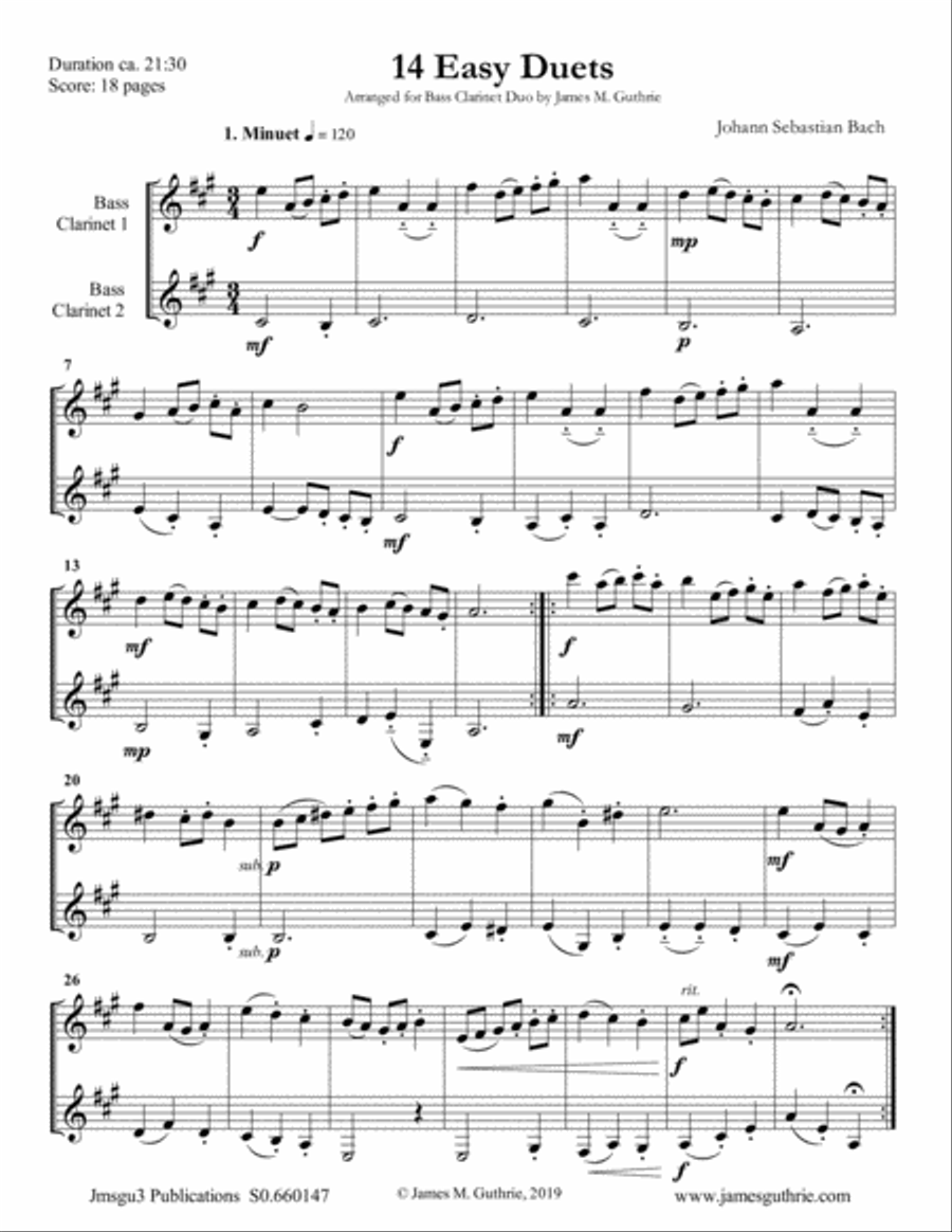 Bach: 14 Easy Duets for Bass Clarinet Duo Clarinet Duet scores gallery preview page 1