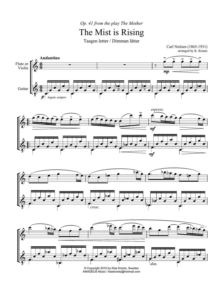 The Mist is Rising / Taagen letter Op. 41 for flute or violin and guitar Flute scores gallery preview page 2