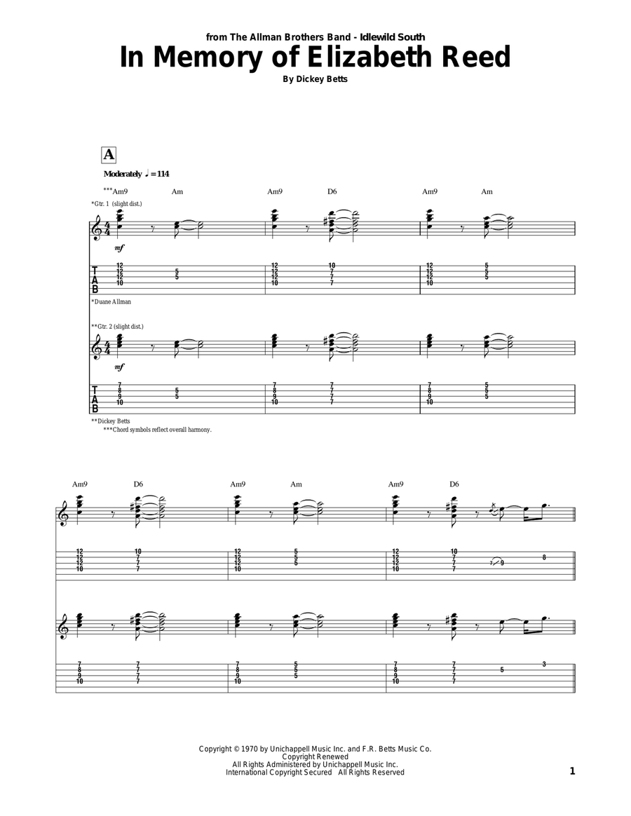 In Memory Of Elizabeth Reed Acoustic Guitar scores gallery preview page 1