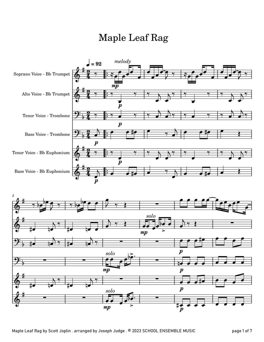 Maple Leaf Rag by Scott Joplin for Brass Quartet in Schools Brass Quartet scores gallery preview page 1