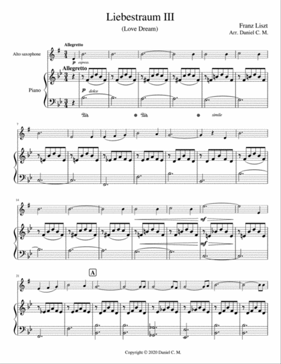 Liebestraum for alto saxophone and piano (easy) Alto Saxophone scores gallery preview page 1