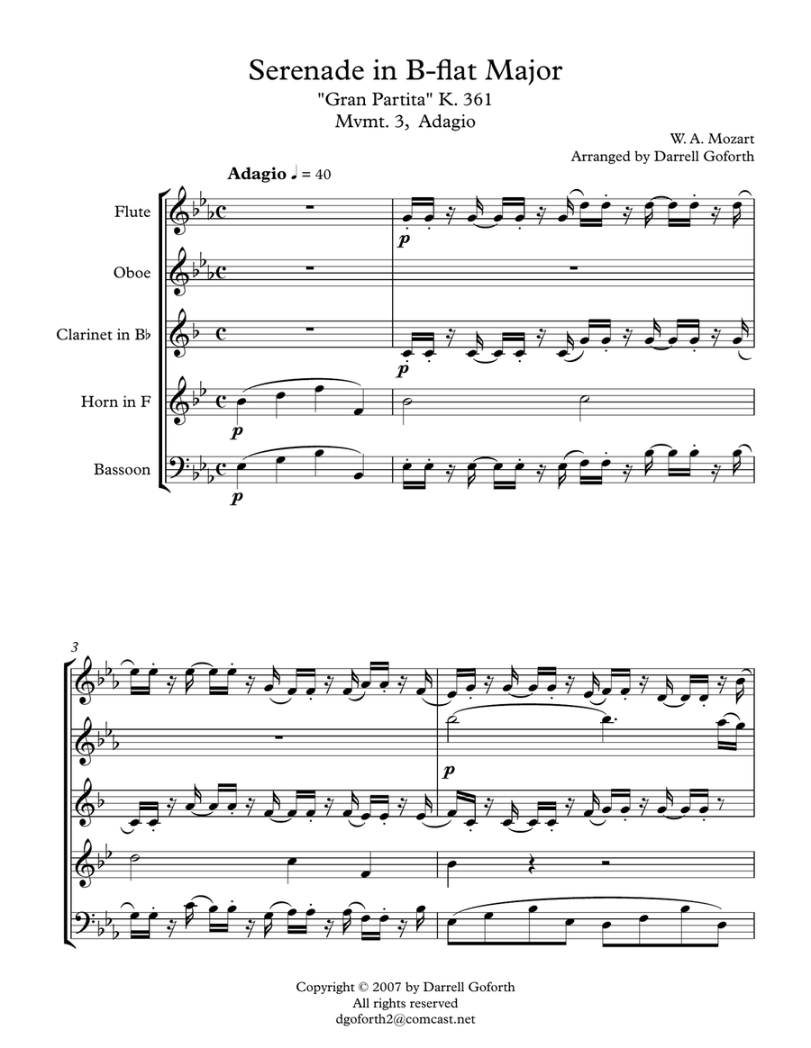 Adagio from Serenade in Bb Major, K.361 (Gran Partita) arranged for Wind Quintet Woodwind Quintet scores gallery preview page 1
