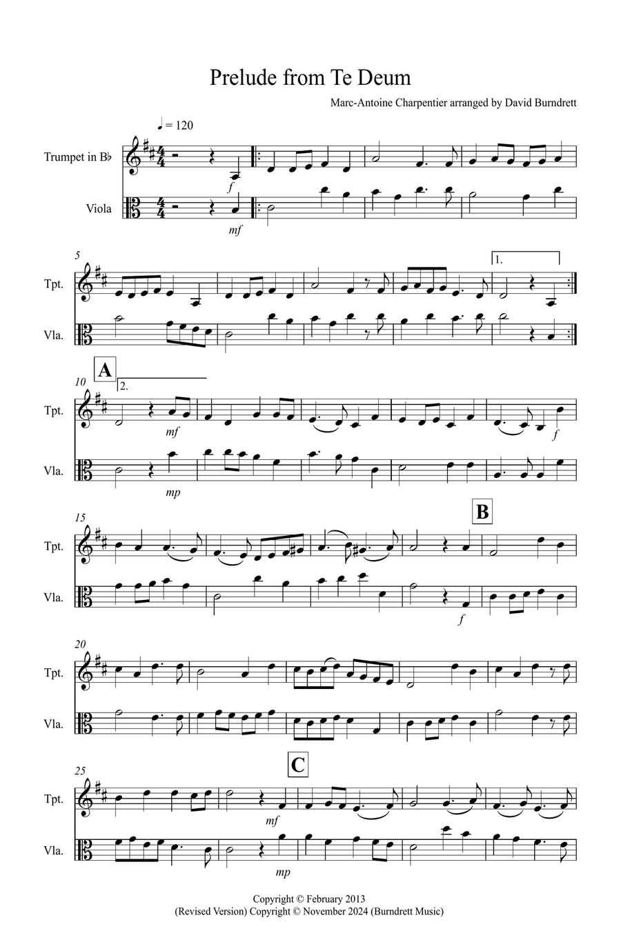 Prelude from Te Deum for Trumpet and Viola Duet B-Flat Trumpet scores gallery preview page 1