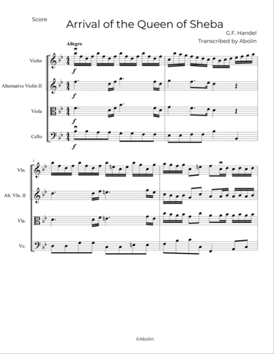Handel: Arrival of the Queen of Sheba - String Trio, or 2 Violins and Cello String Trio scores gallery preview page 2