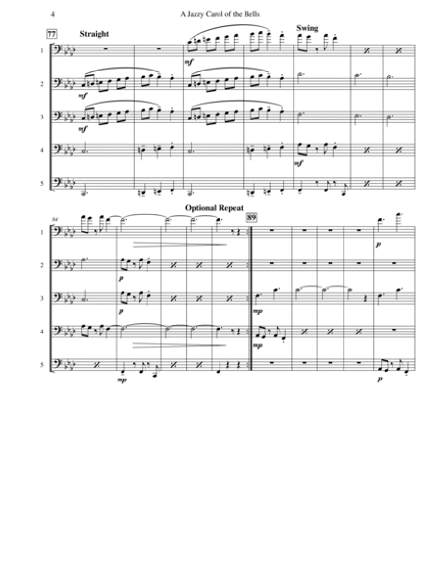 Carol of the Bells (Jazz Waltz for Trombone Quintet or Choir) Choir scores gallery preview page 5