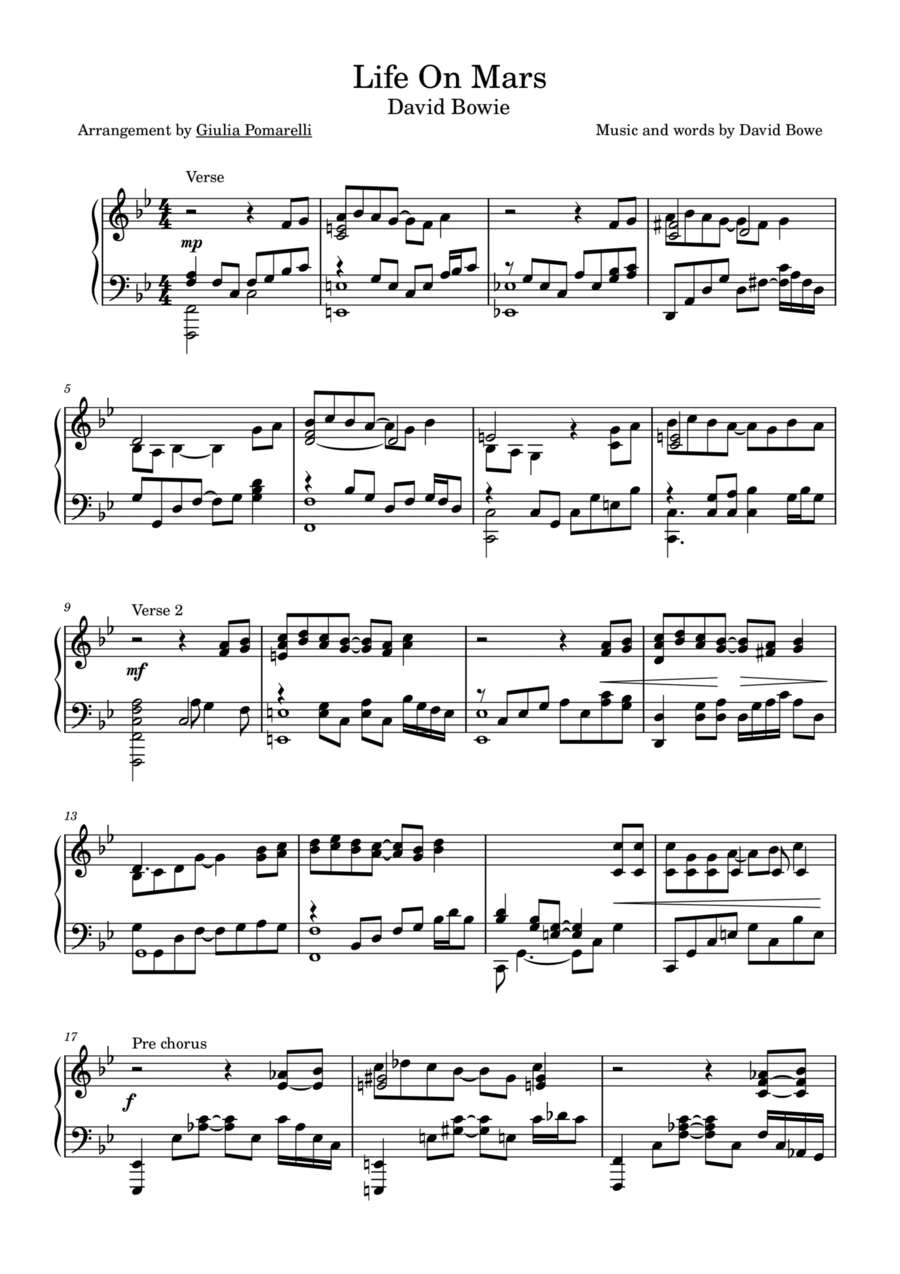 Life On Mars Life On Mars Piano Solo scores gallery preview page 1