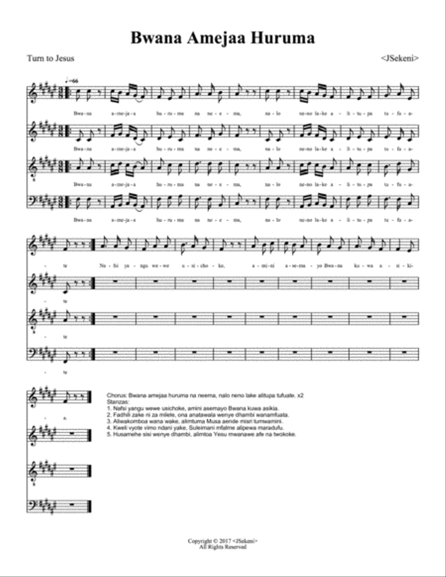 Bwana Amejaa Huruma (God is full of Mercy) Voice scores gallery preview page 1