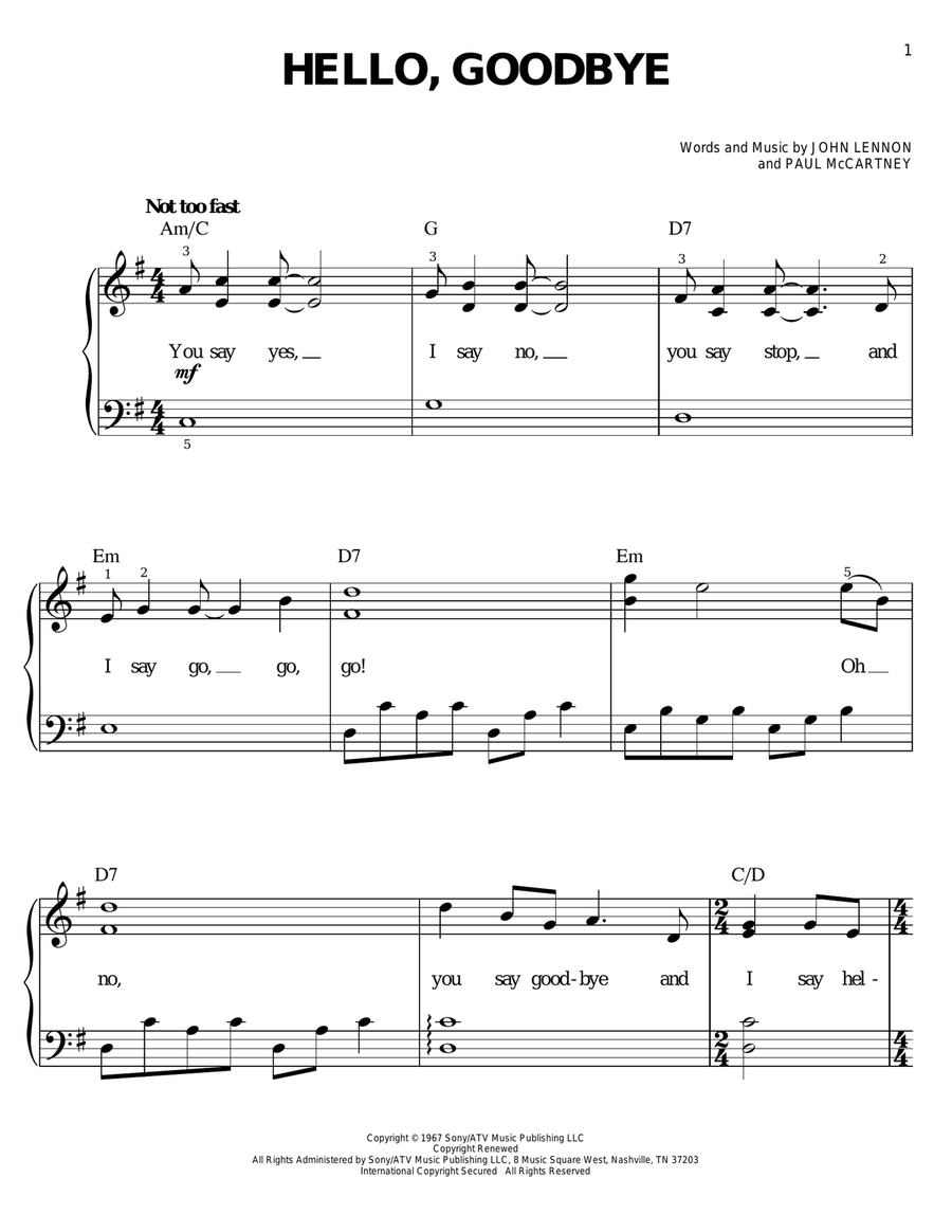 Hello, Goodbye Easy Piano scores gallery preview page 1