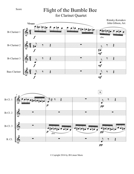 Flight of the Bumble Bee for clarinet quartet by Nikolay Andreyevich Rimsky-Korsakov Clarinet Quartet - Digital Sheet Music