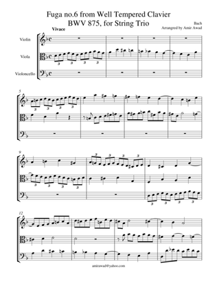 Bach : Fugue no.6 BWV 875 arranged for String Trio , from Well Tempered Clavier Book 2