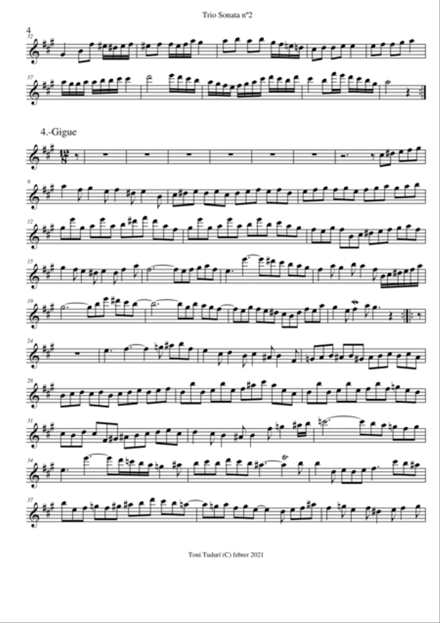 Trio sonata nº2 in A Major for flute, violin & cello, 2 violins & cello and basso continuo (PARTS D Small Ensemble scores gallery preview page 4