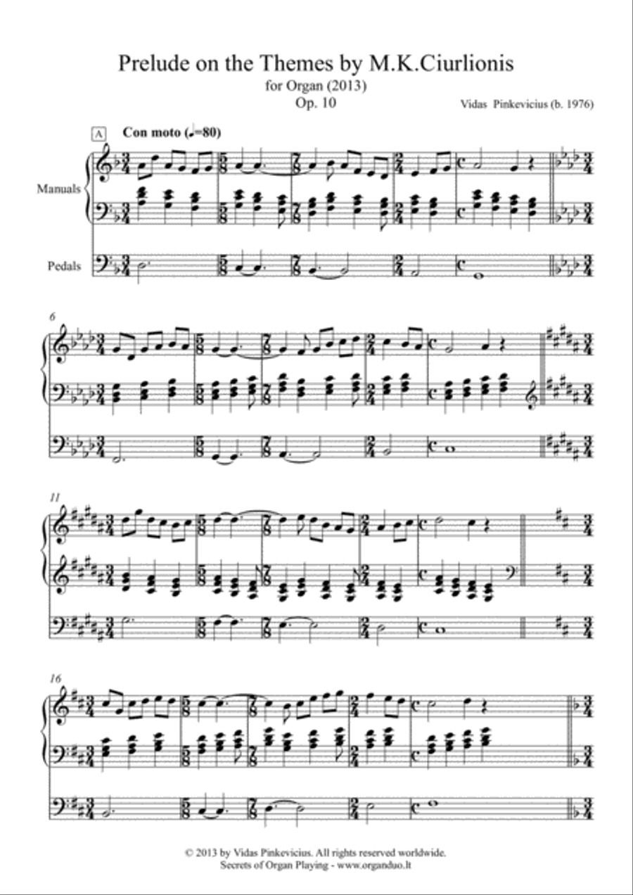 Prelude on the Themes by M.K. Ciurlionis, Op. 10 (2013) Organ Solo scores gallery preview page 1