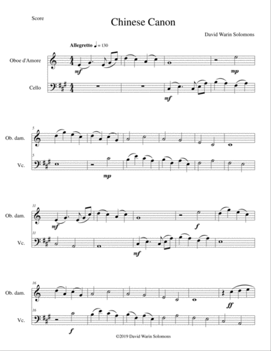 Chinese canon for oboe d'amore and cello Oboe scores gallery preview page 1
