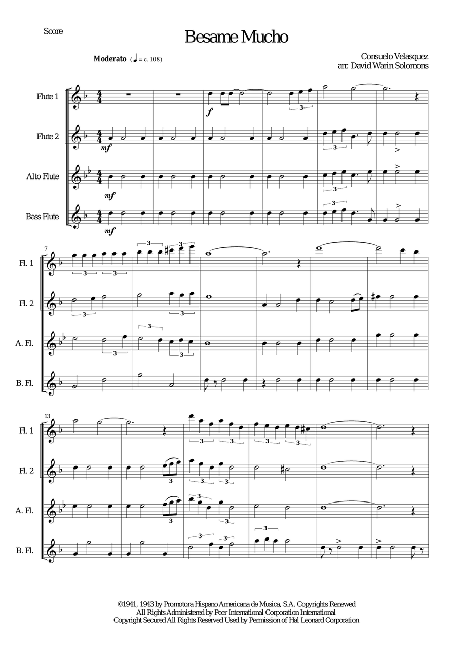 Besame Mucho (Kiss Me Much) Flute Quartet scores gallery preview page 1