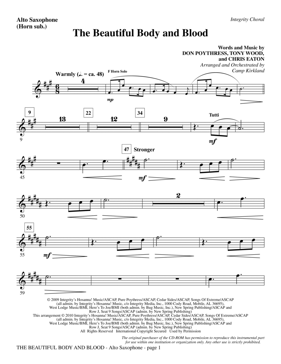 The Beautiful Body And Blood - Alto Sax (sub. Horn) Choir scores gallery preview page 1