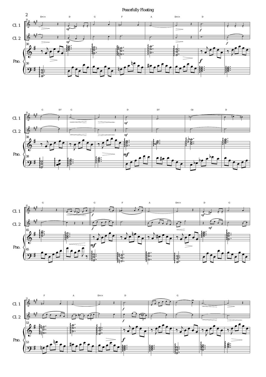 Peacefully Floating for 2 clarinets and piano (and optional guitar chords) Clarinet Duet scores gallery preview page 2