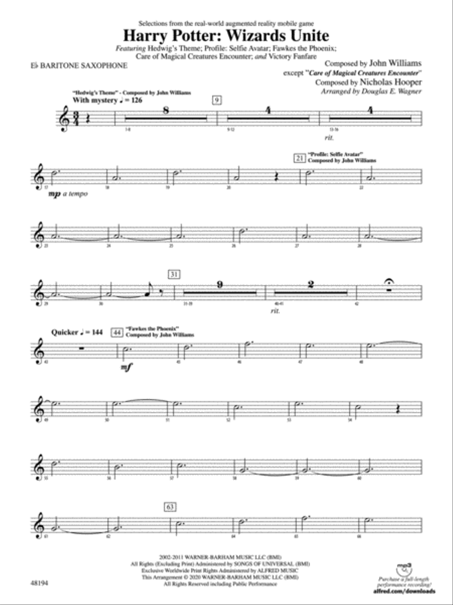Harry Potter: Wizards Unite: E-flat Baritone Saxophone Concert Band scores gallery preview page 1