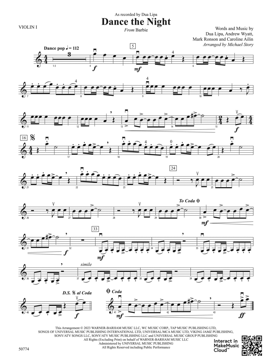 Dance the Night: 1st Violin String Orchestra scores gallery preview page 1