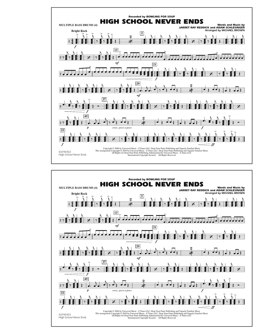 High School Never Ends - Multiple Bass Drums Marching Band scores gallery preview page 1