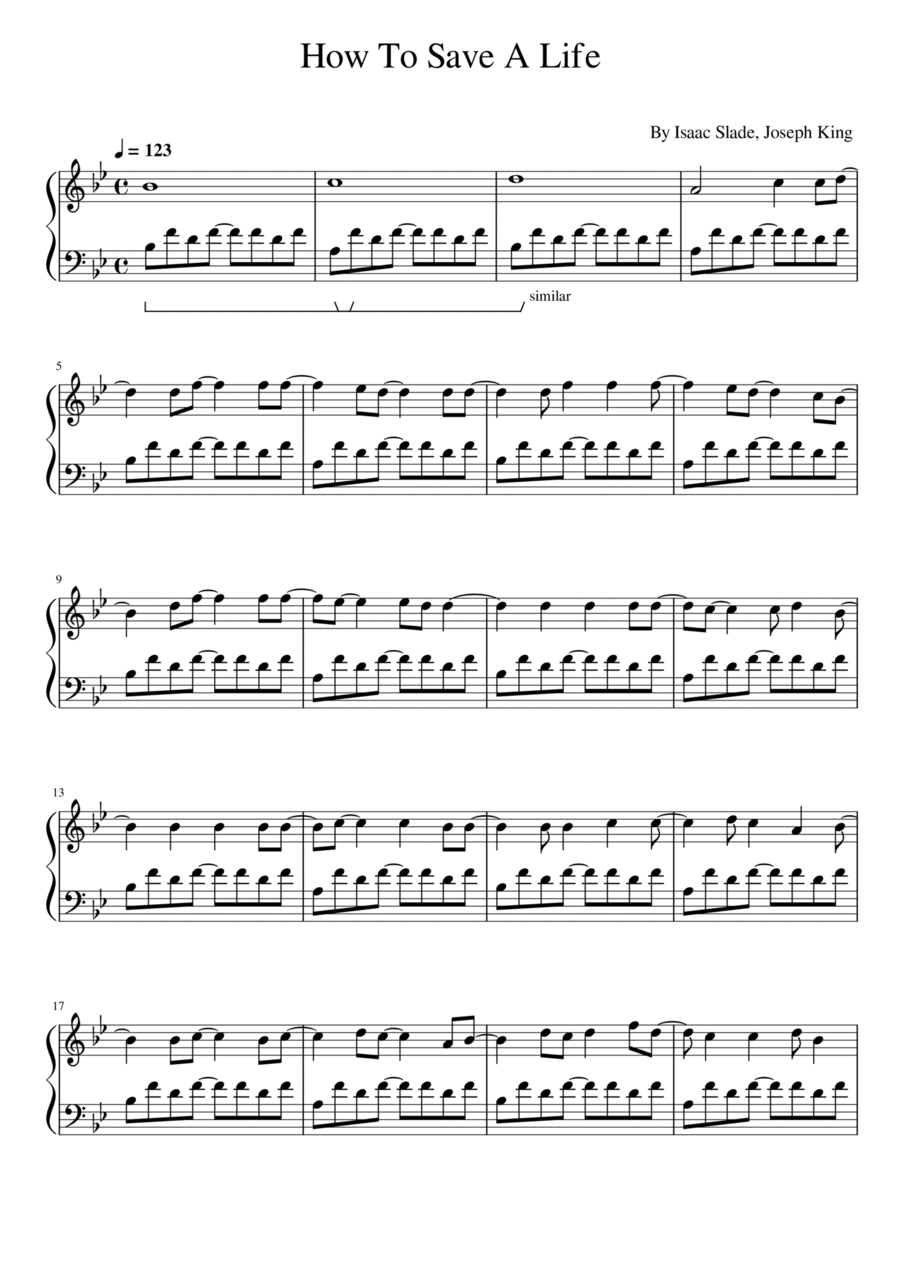 How To Save A Life Piano Solo scores gallery preview page 1