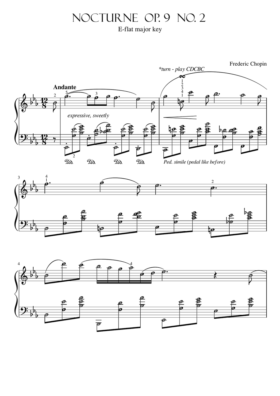 Nocturne Op. 9 No. 2 by Chopin (original with note names) Grade 6 Piano, Vocal scores gallery preview page 1