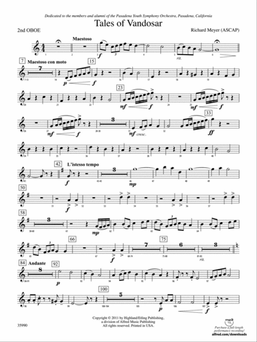 Tales of Vandosar: 2nd Oboe Full Orchestra scores gallery preview page 1