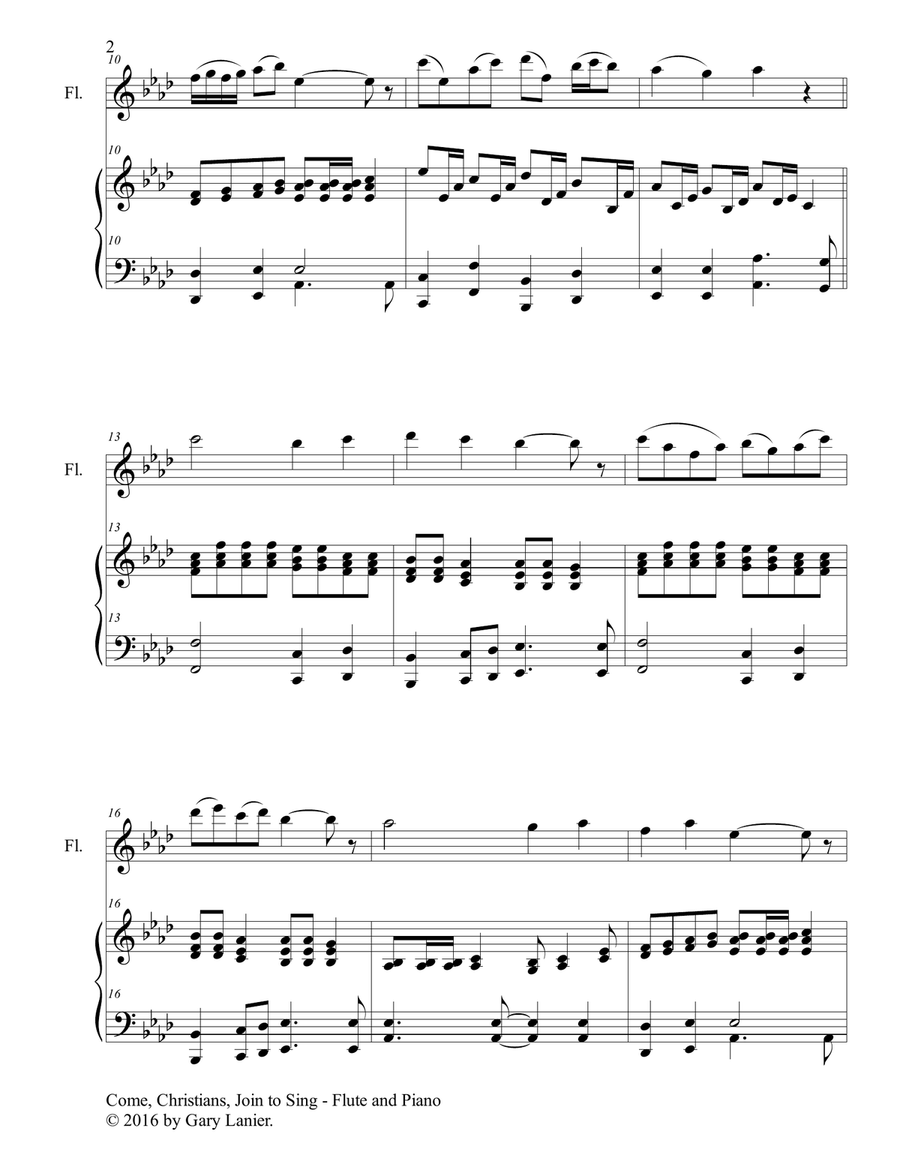 Gary Lanier: COME, CHRISTIANS, JOIN TO SING (Duet – Flute & Piano with Parts) Woodwind Duet scores gallery preview page 3
