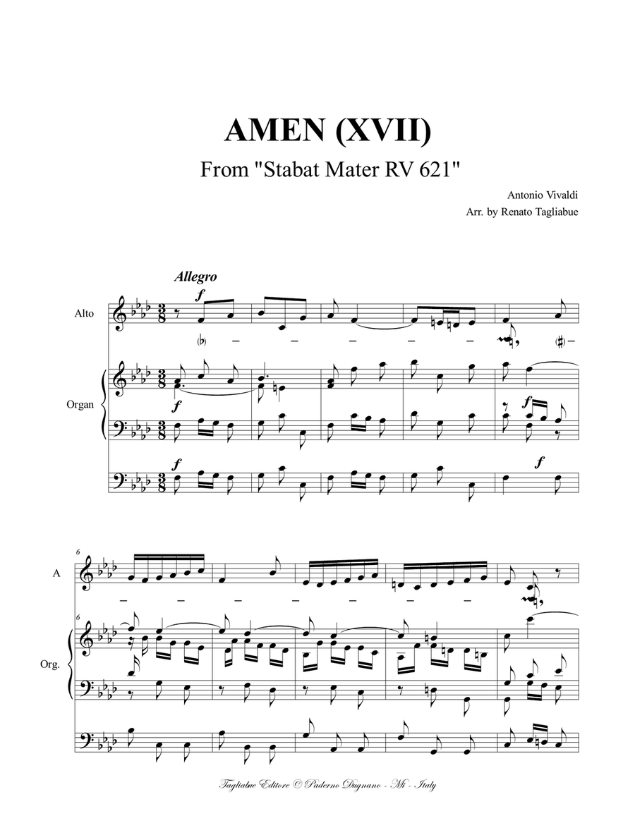 AMEN (XVII) - (From Stabat Mater- RV 621) - For Alto,and Organ 3 staff Piano, Vocal scores gallery preview page 1