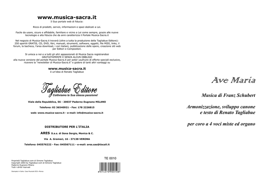 AVE MARIA by SCHUBERT - Arr. on Canon for Choir SATB - Italian Lyrics - Piano accomp. - Score Only 4-Part scores gallery preview page 1