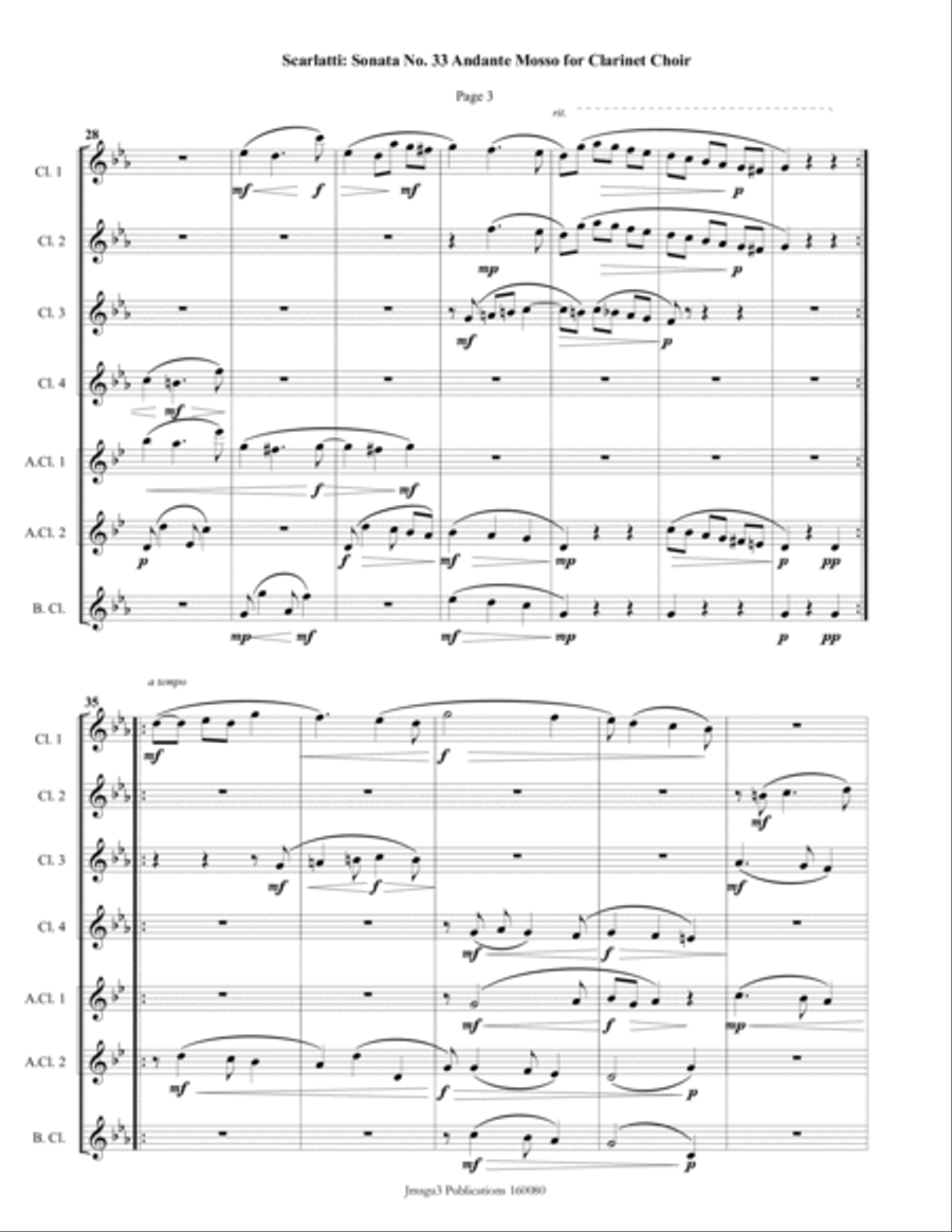 Scarlatti: Sonata No. 33 Andante Mosso for Clarinet Choir Clarinet Choir scores gallery preview page 3